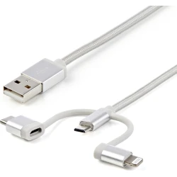 StarTech.com Cable Trenzado USB a Lightning USB-C y Micro USB - Cable Cargador para Teléfono Móvil iPhone iPad Tablet - 1m Plata [foto 1 de 2]